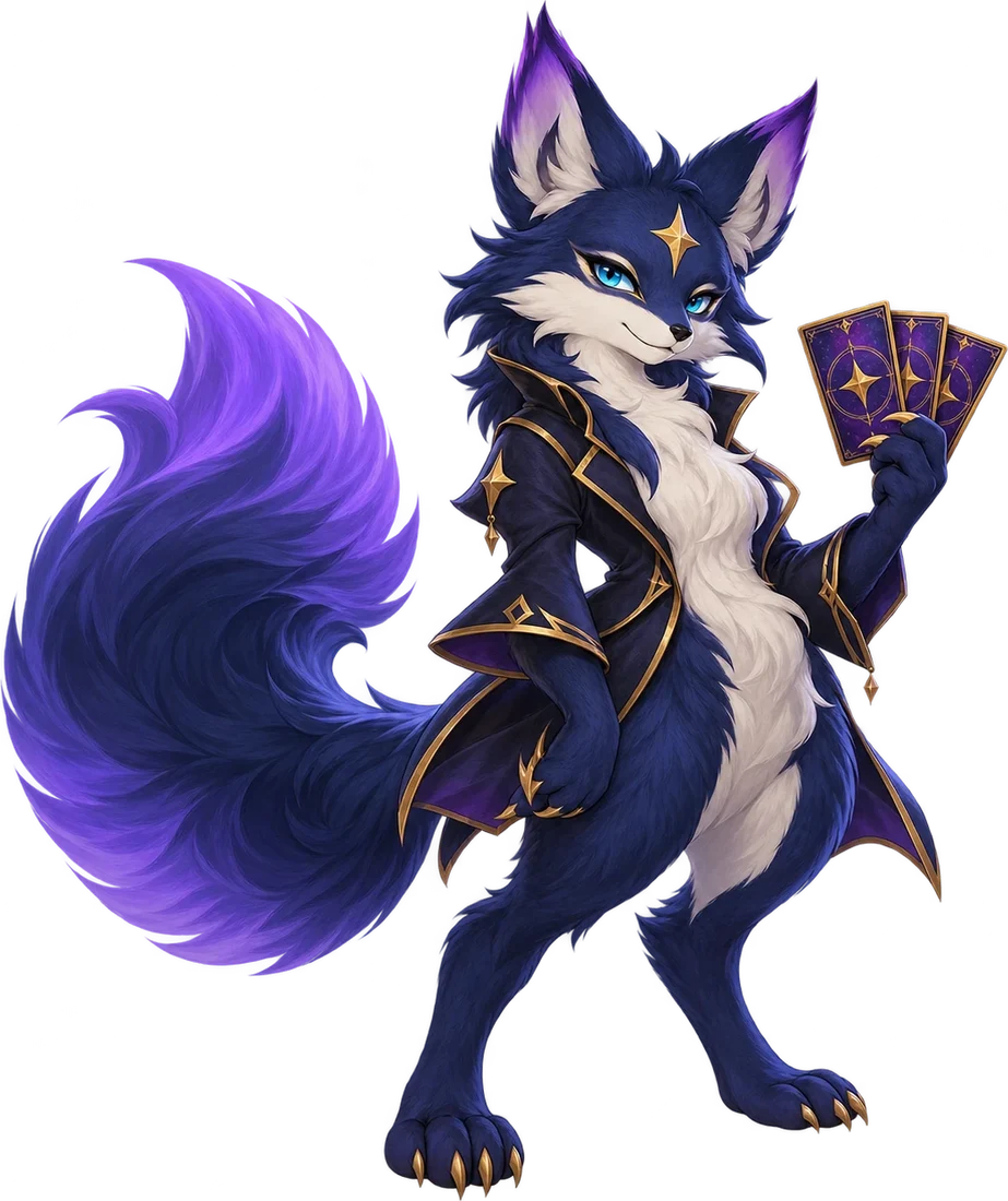 Nexo, le renard astral bleu nuit et violet, tient trois cartes à collectionner